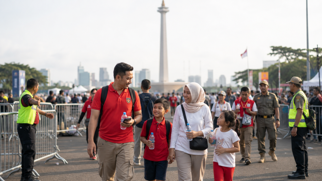 Karnaval dan Kuliner Nusantara Gratis Meriahkan HUT ke-81 RI 7 Pengunjung mempersiapkan diri untuk menghadiri Pesta Rakyat di Monas