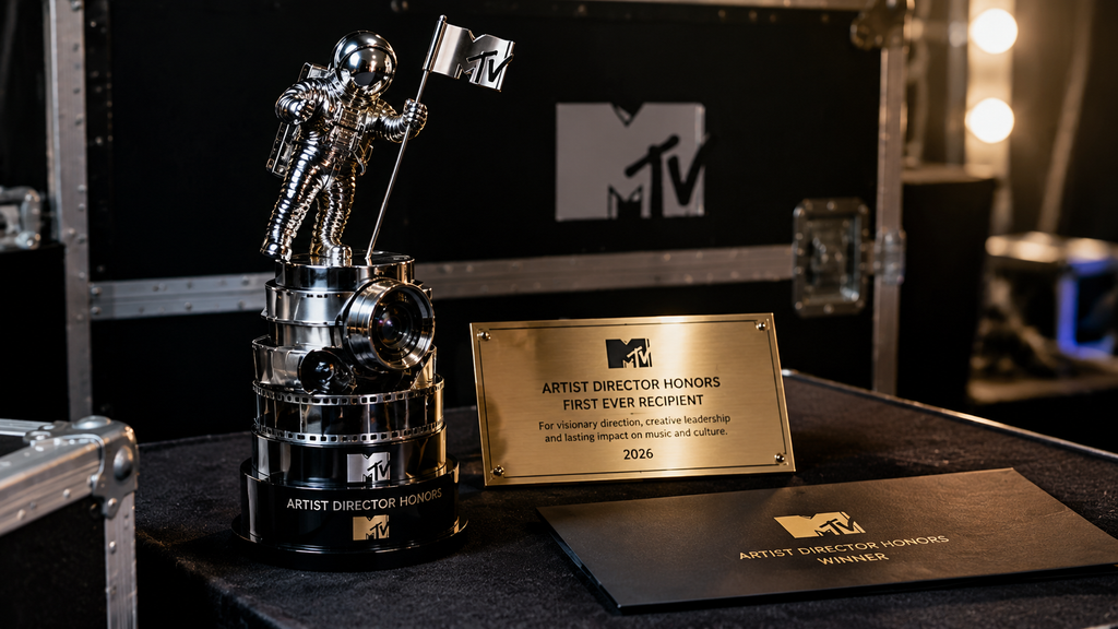 Detail piala penghargaan khusus Artist Director Honors berpadu trofi Moon Person di meja pameran VMA.