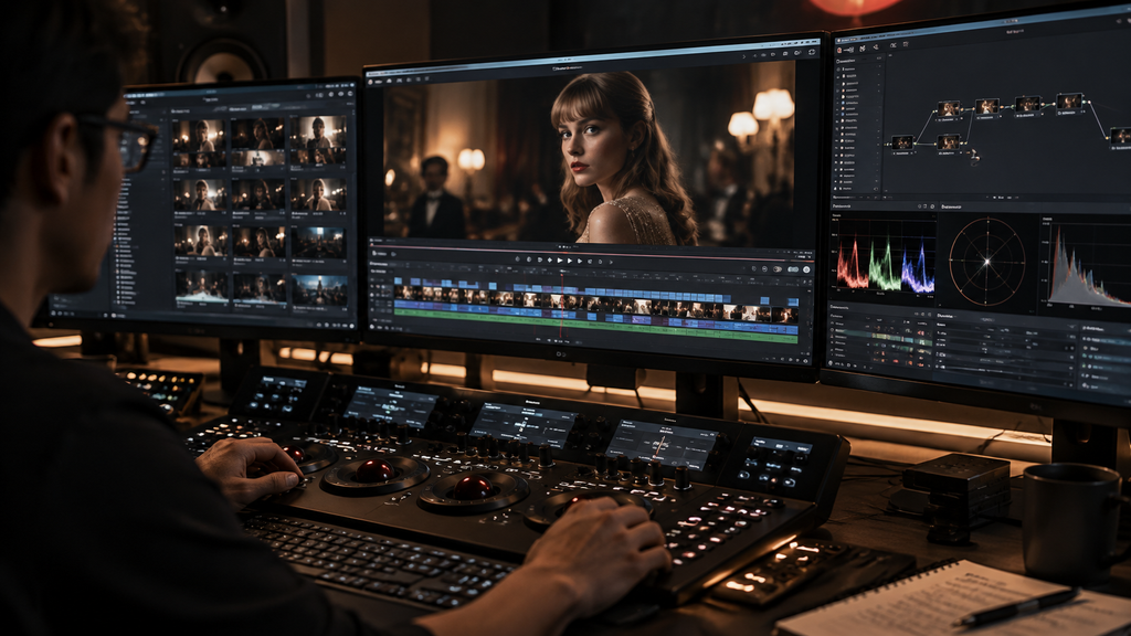 Monitor ruang pascaproduksi film menampilkan timeline editing video klip dan peralatan kontrol warna sinematik.